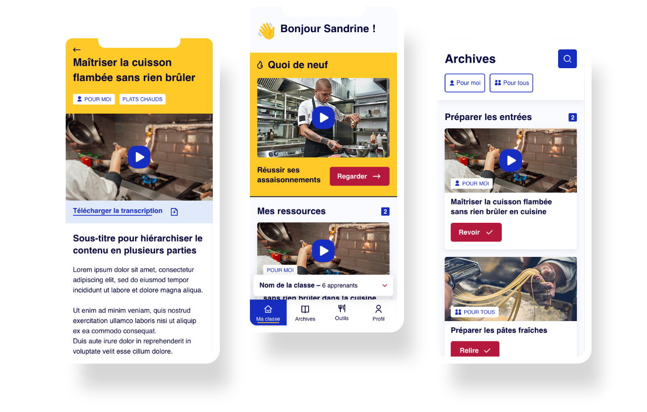 Captures d’écran de l’application CookiNUM présentant les contenus pédagogiques et l’interface mobile