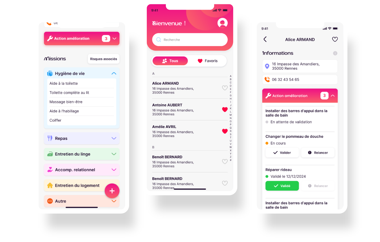 Captures d’écran de l’application PrevODom présentant l’interface mobile