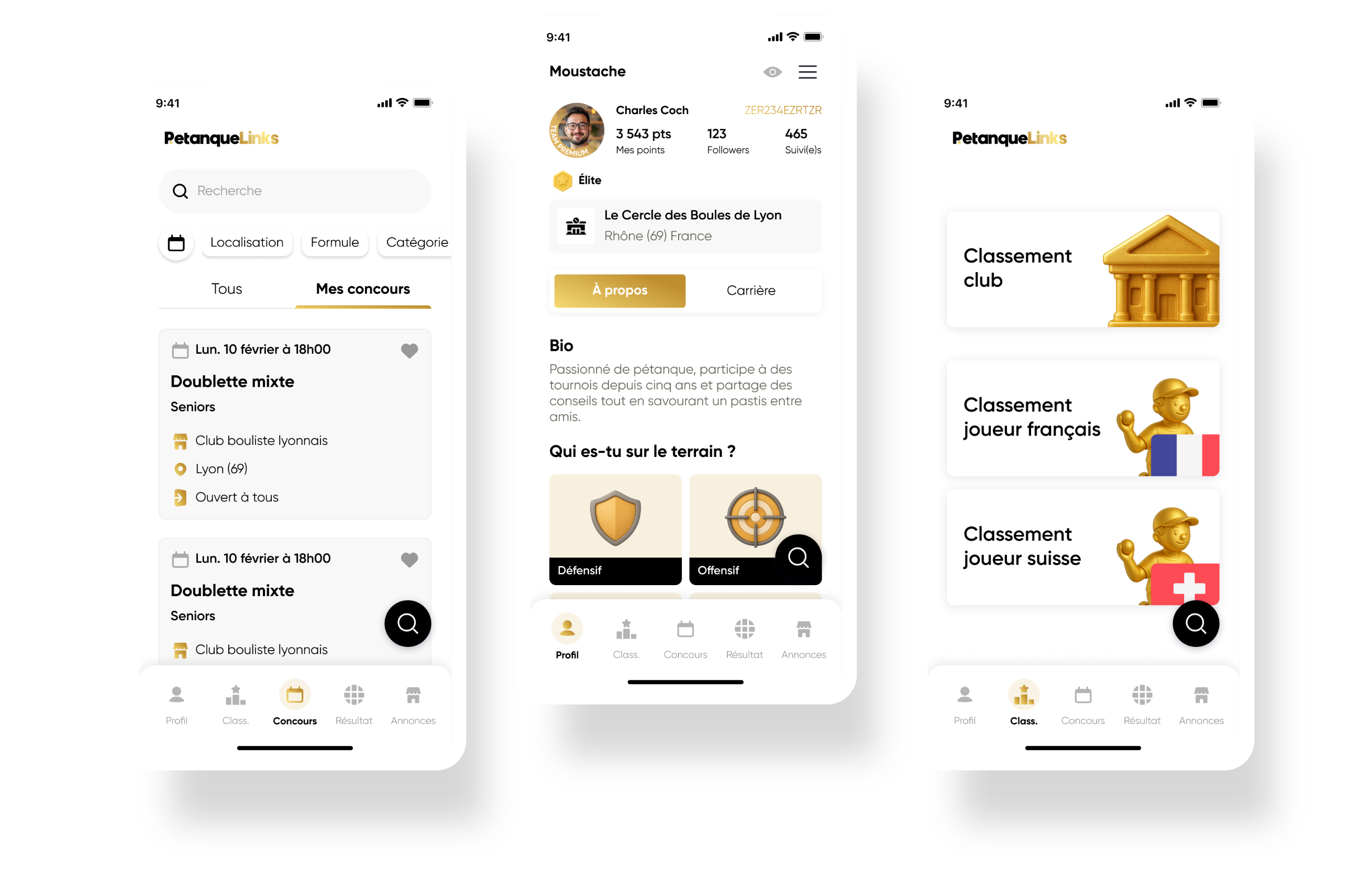 Captures d’écran de l’application PetanqueLiks présentant les contenus et l’interface mobile